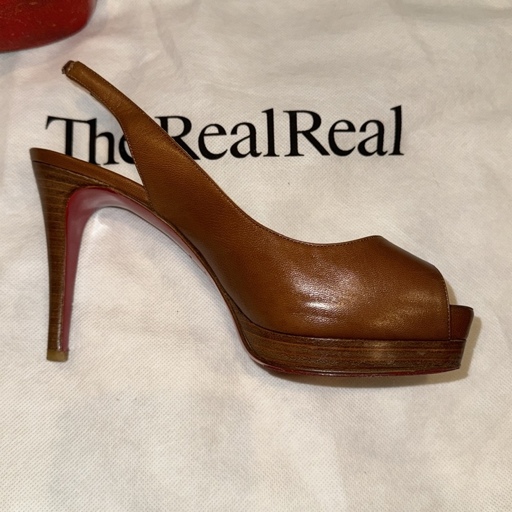 Timeless Classic Cognac Christian Louboutin calf peep toe heels, size 36 (5.5/6)